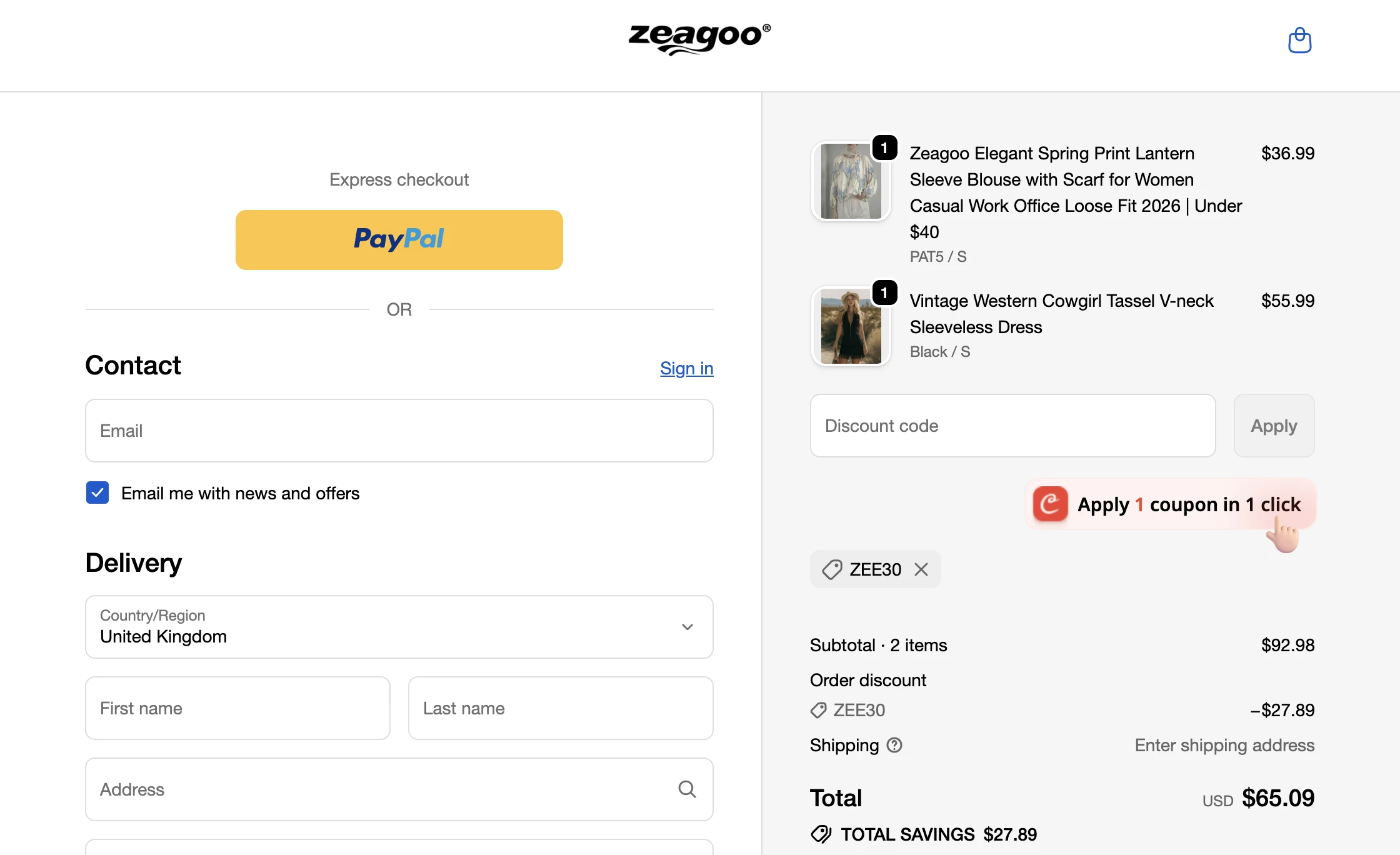 Zeagoo discount code ZEE30 verified checkout